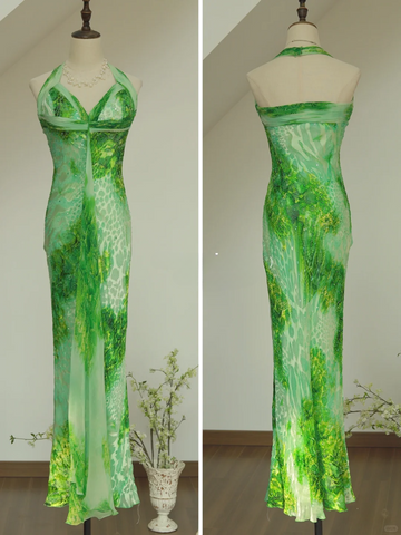 Unique Sheath Halter Green Print Floral Chiffon Open Back Long Prom Dress Formal Dress HZ1023